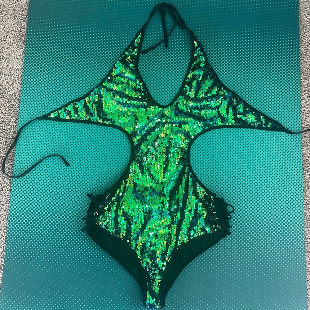 iHeartRaves Green Blue Sequin halter bodysuit Rave Medium